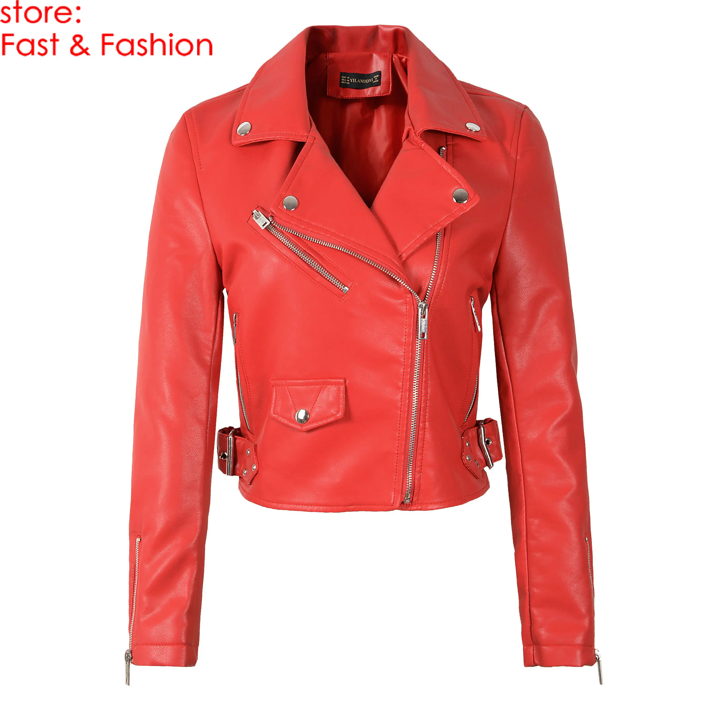 Y8829 Red Новинка, модные женские осенние куртки и пальто из мягкой искусственной кожи с заклепками, Женская Байкерская верхняя одежда из искусственной кожи с длинным рукавом на молнии - Цвет: Y8829 Red