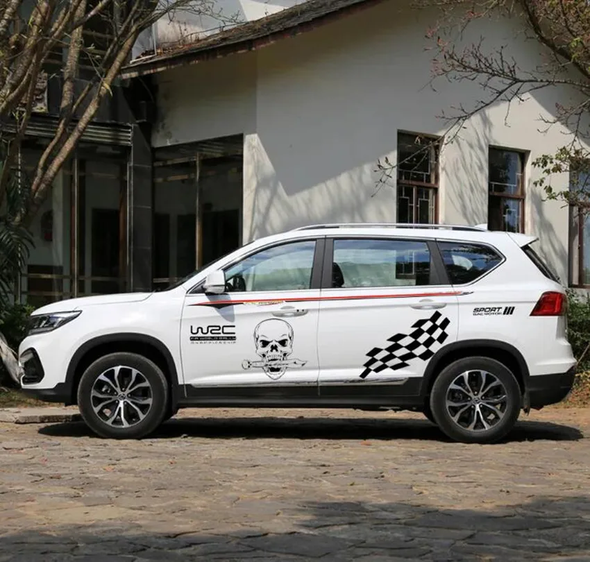 

Набор двусторонних черных спортивных наклейки с черепами WRC, наклейки из ПВХ для кузова автомобиля, юбки на талию, спортивные гоночные накле...