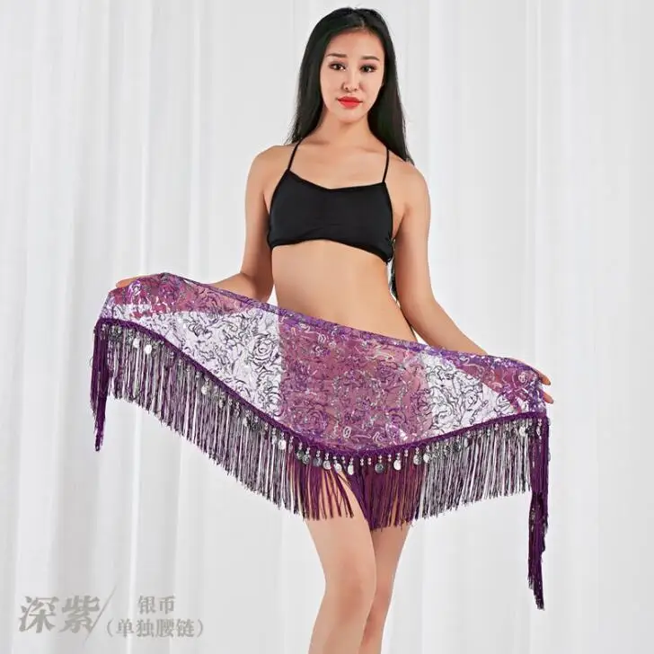 Purple with silver Новое поступление, пояс с кисточками и блестками для танца живота, популярный женский шарф с вышивкой и блестками для восточных танцев, 9 цветов - Цвет: Purple with silver