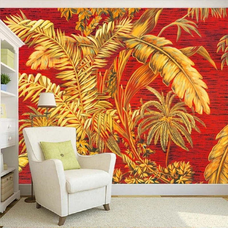 

beibehang Southeast Asian style hand painted palm bambo tree painting background wall custom large fresco green wallpaper