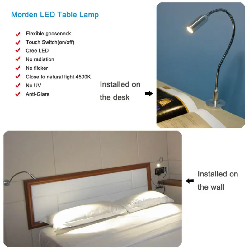 Настольная лампа светодиодный прикроватный сенсорный светильник для глаз 3 Вт Cree светодиодный алюминиевый гибкий сенсорный переключатель без темной области без Ghos
