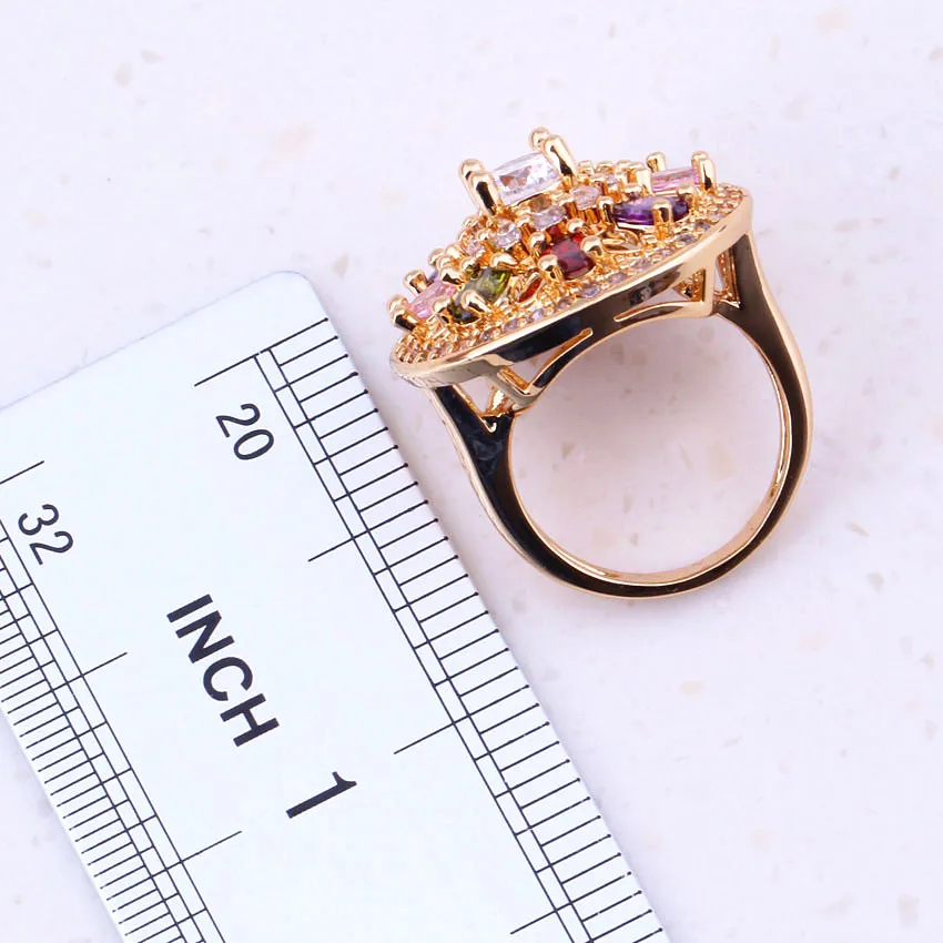 Unigue Multicolor Synthetic Multigem Yellow Gold Color Rings Women Bridal Wedding Party Fashion Jewelry Free Gift Box I0028 | Украшения и
