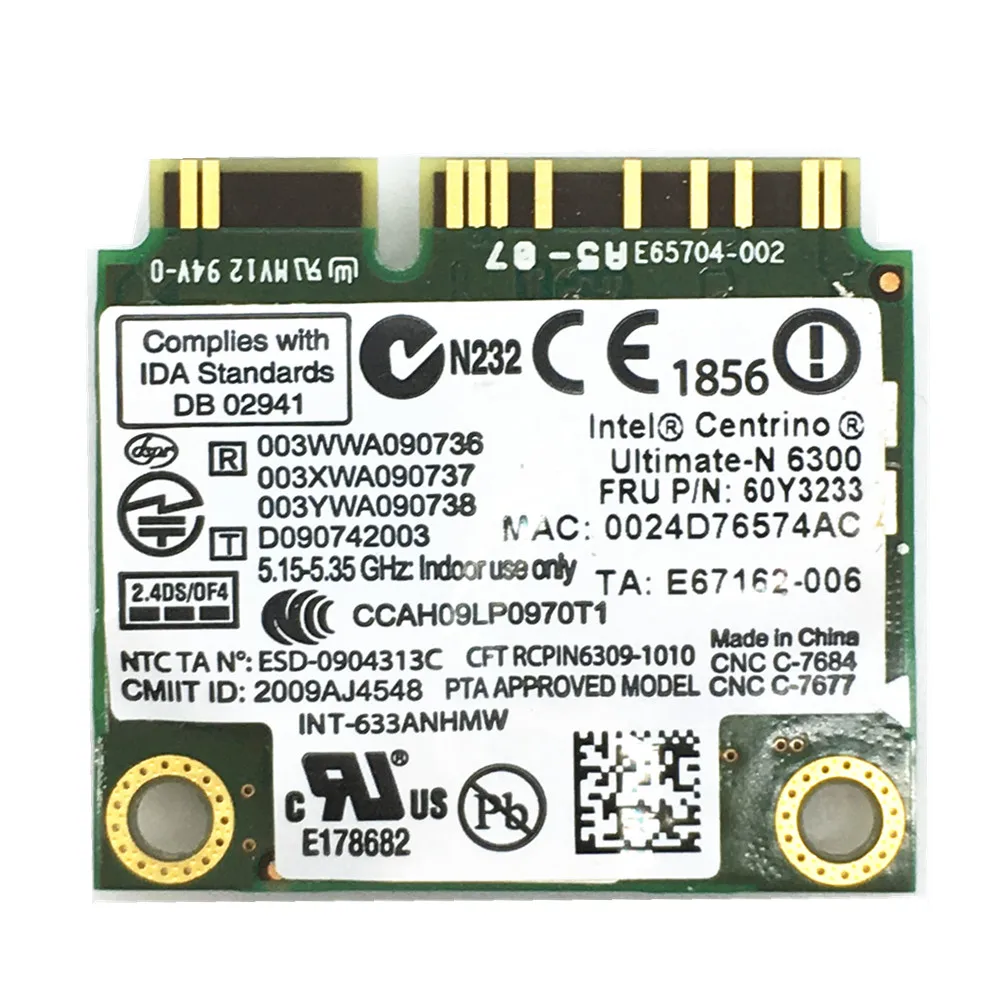 Ultimate-N Intel 6300 633ANHMW 6300AGN Half Mini PCI-E 2 4G/5 ГГц беспроводная карта для X230 X220 T410 T420 FRU 60Y3233 |
