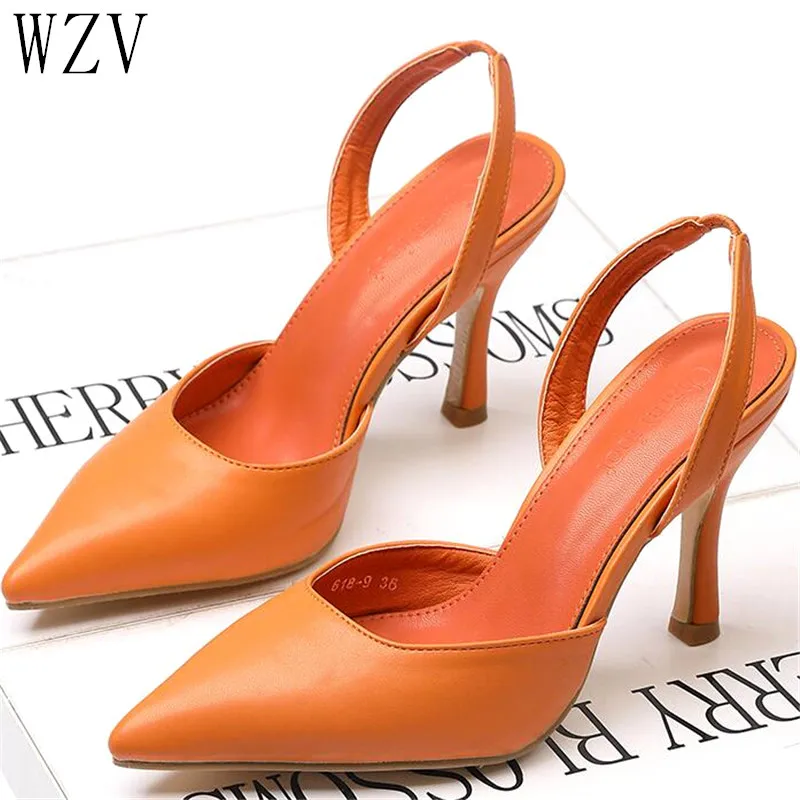 Women Pumps Fashion High Heels Shoes Black White Orange Pointed Toe Slingback Bridal Wedding Ladies H379 | Обувь