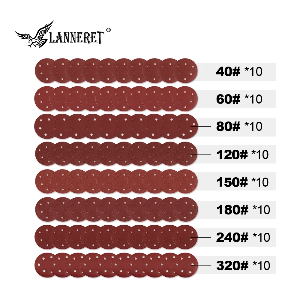 LANNERET 125 мм полирующие песочные диски наждачная бумага Ассорти 40/60/80/120/150/180/240/320 Грит для Мощность случайная орбитальная шлифовальная машина