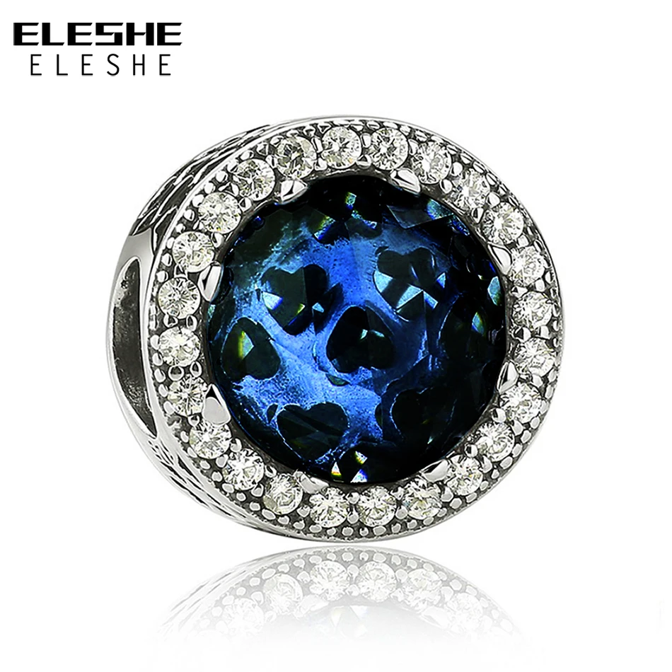 

ELESHE Fit Original Charm Bracelet 100% 925 Sterling Silver Blue Crystal Round Shape Bead Charm DIY Jewelry Gift