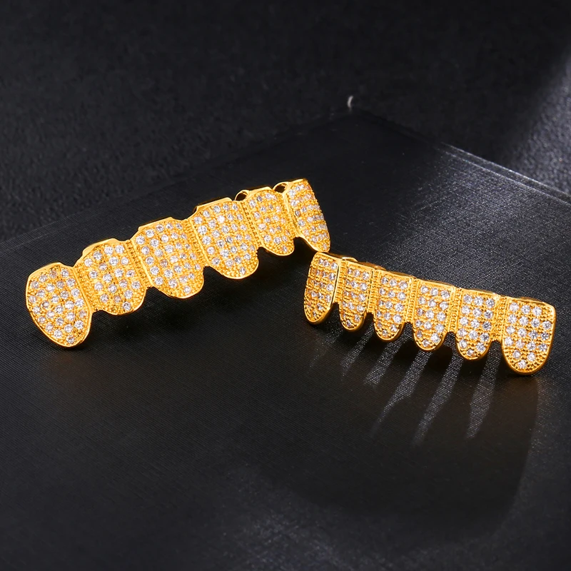 Хип-хоп Блестящий Bling Полный Iced Out AAA кубический циркон кристалл Зубы гриль Золото Серебро Клык сверху и снизу гриль набор дропшиппинг