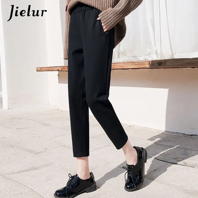 Jielur, женские штаны, повседневные, эластичный пояс, шерсть, офисные, женские штаны-шаровары, чистый цвет, винтажные классические брюки, рабочая одежда, Pantalones - Цвет: Черный
