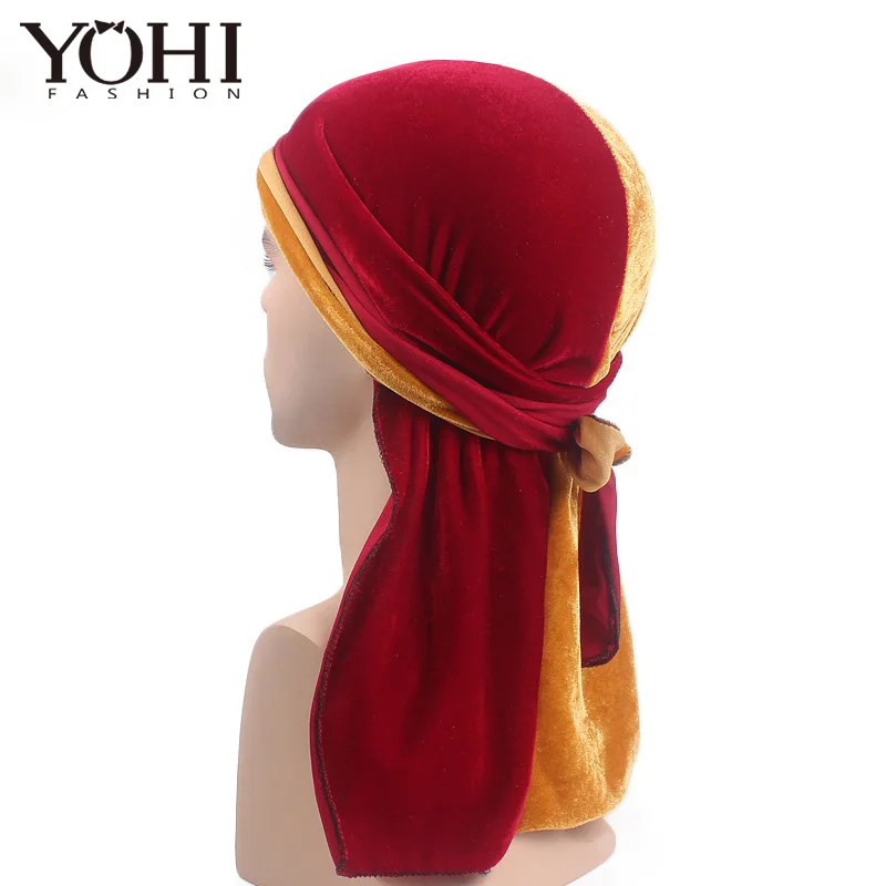 red yellow Новые роскошные разноцветные мужские бархатные дюраги Бандана тюрбан шляпы парики Doo дюраг головной убор для байкеров головная повязка пиратская шляпа - Цвет: red yellow
