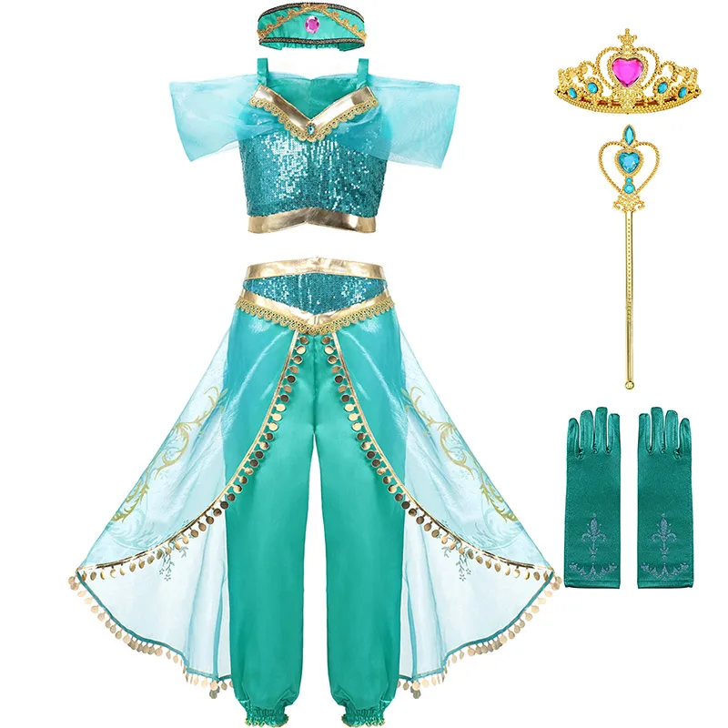 Jasmine Set-4 PaMaBa/праздничная одежда принцессы жасмин для девочек; нарядный комплект одежды; Топ и штаны; повязка на голову; Детский костюм с изображением Аладдина и волшебной лампы - Цвет: Jasmine Set-4
