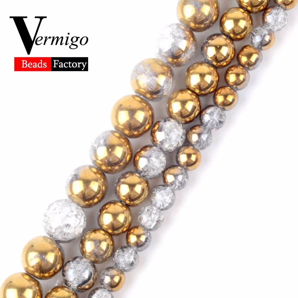 

Wholesale One Side Plated Gold White Snow Cracked Crystal Natural Stone Loose Beads For Jewelry Making Diy Bracelet Bijoux