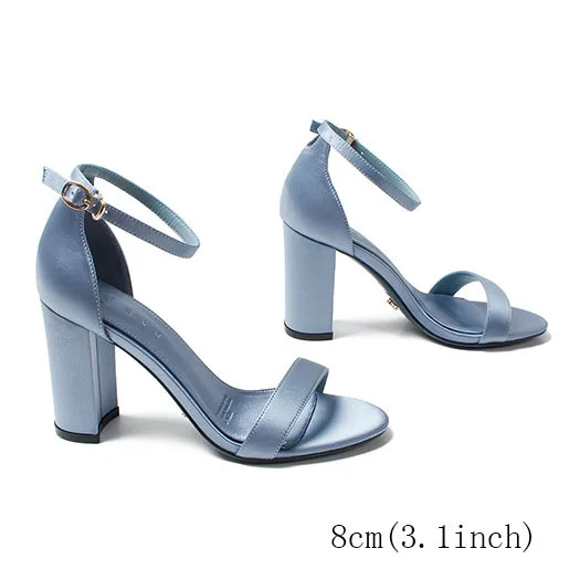 smoky blue 8cm Женщины сандалии лето ремень для лодыжки насосы дизайнер коренастый сатин обувь дамы свадебный свадьба толстый бирюзовый открытые носки каблуков Коренастый Лето - Цвет: smoky blue 8cm