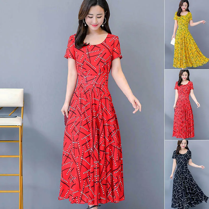 Модное женское повседневное летнее платье с коротким рукавом и круглым вырезом