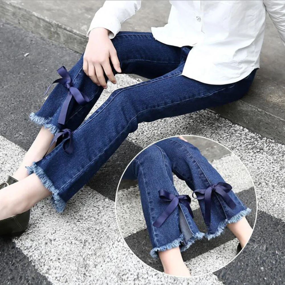 Girl Children Jeans Slim Wide Leg Pants Burr Flared Denim Trousers Fashion Ripped With Bow Ribbon | Детская одежда и обувь