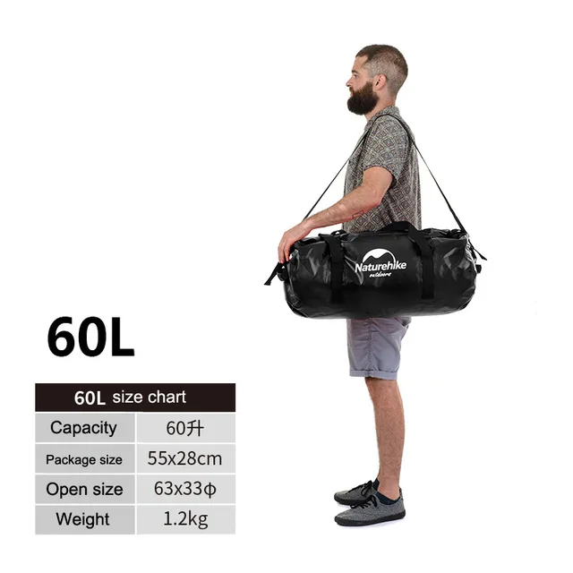 Black 60L Naturehike 40L/60L/90L/120L большой емкости открытый водонепроницаемый плавательный мешок дрейфующий пляж плавание мобильный телефон водонепроницаемый мешок - Цвет: Black 60L