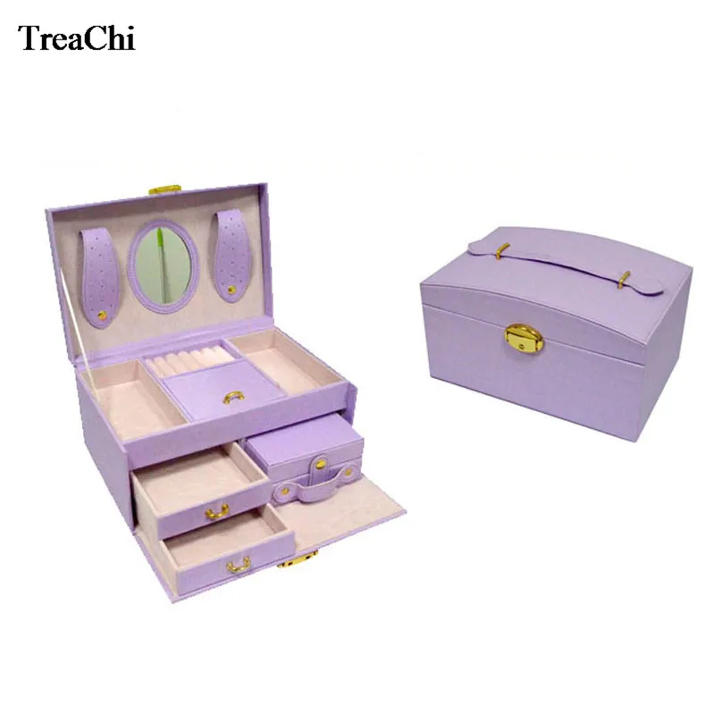 Large Pink Purple Leather Trinket Jewelry Organizer Box Watch Case Beads Earring Ring Jewelry Armoire Storage Case Travel Box