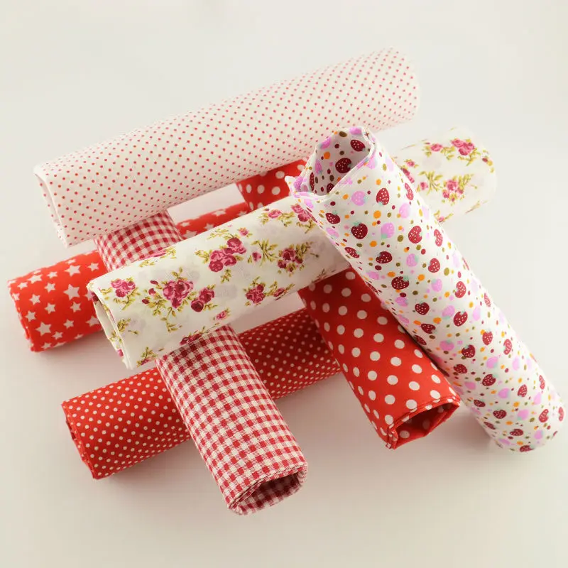 Hot Red Color Mix 7 PCS Cotton Plain Fabric Flowers/dots/check/star/strawberry Design Clothing Telas Material Home Decoration|decorator silk
