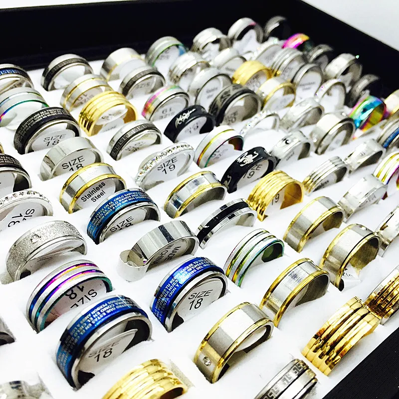 

Wholesale 100pcs/box mix lot men's women's unisex fashion stainless steel wedding engraved engagement Jewelry Rings with a box