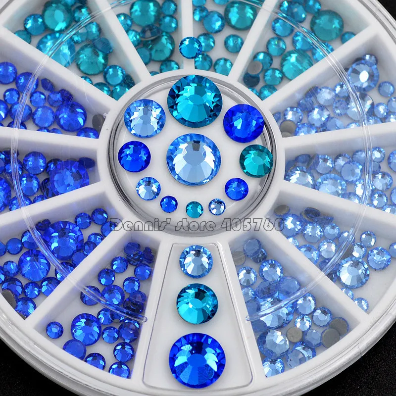 

Mix Sizes Glitter Sky Blue Series Hotfix Flatback Round Facets Diamond Nail Art Rhinestones Decorations Manicure DIY Wheel