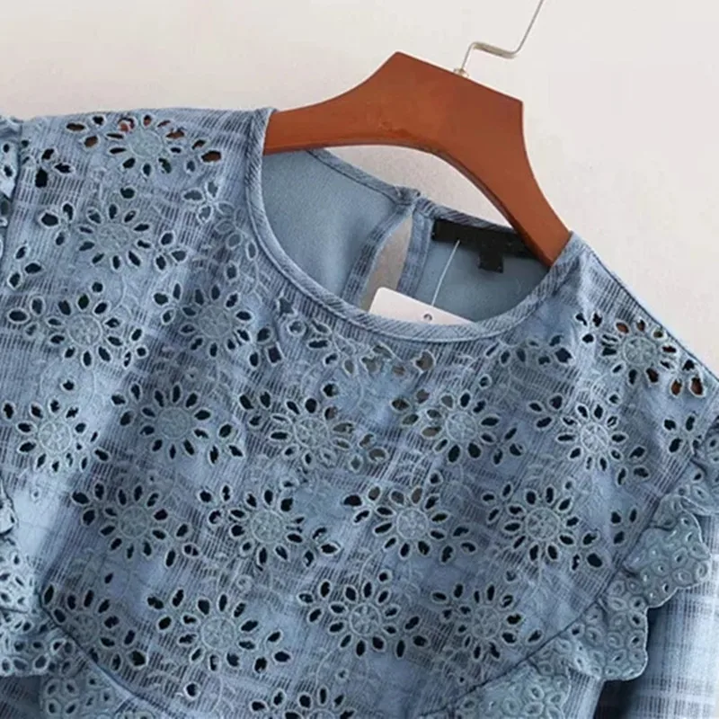 Осень в клетку с длинными рукавами Блузка Для женщин Chic выдалбливают вышивка