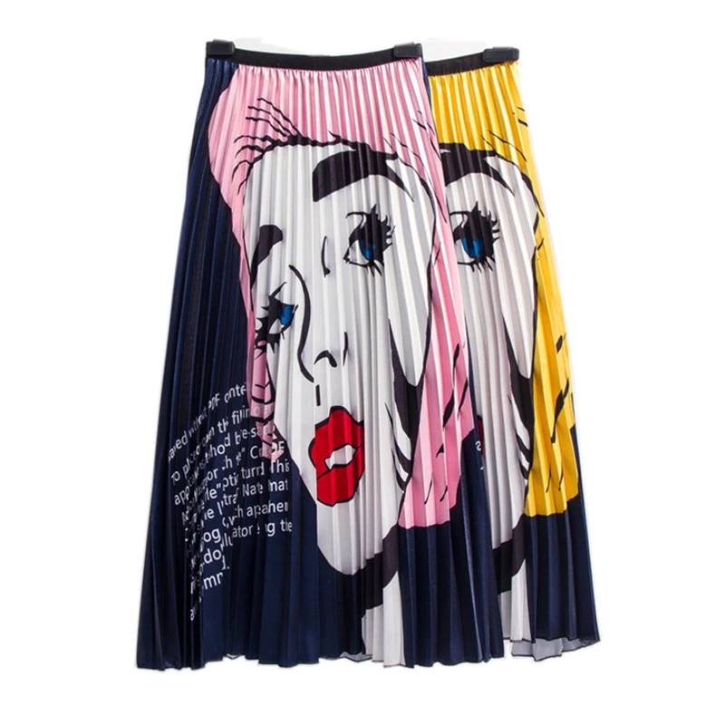 

PERHAPS U Pink Yellow Elastic Waist High Street Character Avatar Letter Print Empire Ruched A Line Midi Skirt S0257