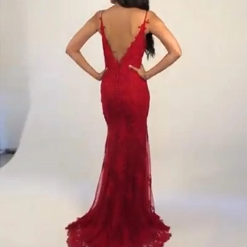 2019 New Burgundy Evening Dress Spaghetti Straps Appliques Party Mermaid Style Robe De Soiree Backless Gowns | Свадьбы и торжества