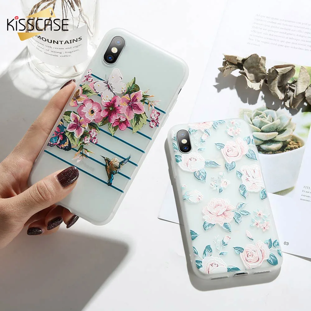 KISSCASE 3D Relief Flower Phone Case For iPhone 7 8 Plus XS Max XR Rose Floral Soft Silicon 6 6S X 5 SE |