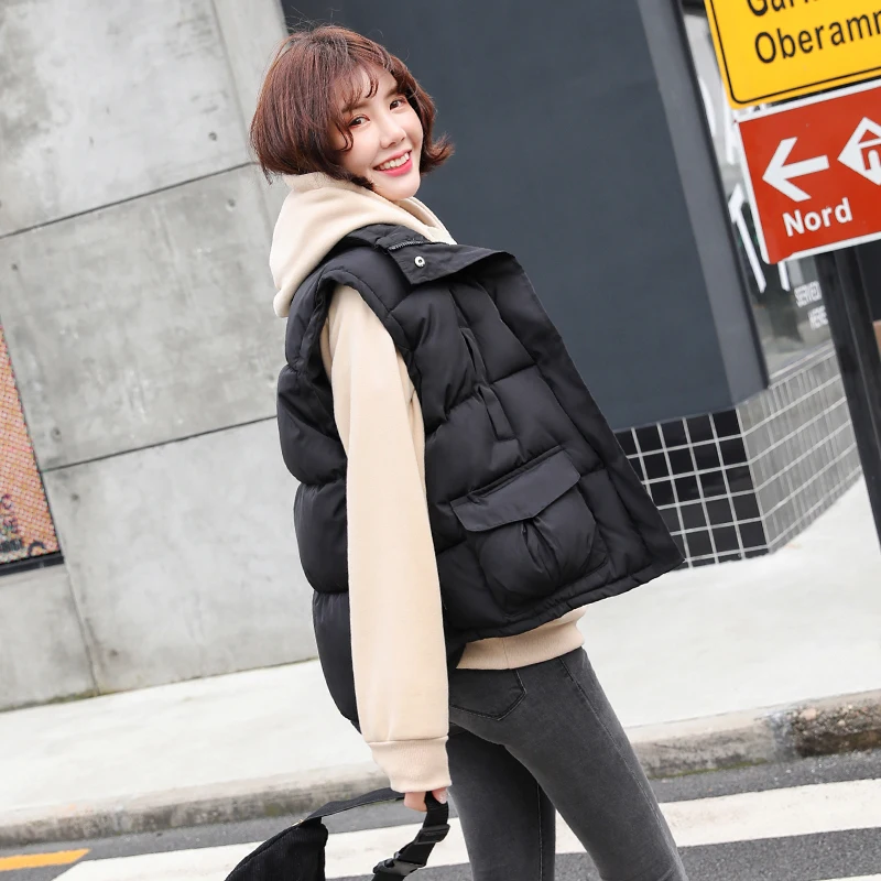 Rlyaeiz Short Women Winter Vest Coat 2018 Autumn Casual Pockets Down Cotton Padded Sleeveless Jacket Warm Waistcoat | Женская одежда
