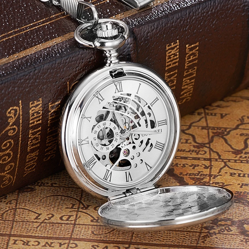 New OYW Brand Stainless Steel Men Fashion Casual Pocket Watch Skeleton dial Silver Hand Wind Mechanical Male Fob Chain Watches