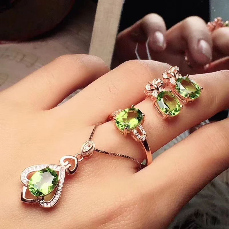 Natural Peridot Jewelry sets for Women Heart Butterfly Genuine stone Necklace/Ring/Stud Earrings fine gift S925 #113 | Украшения и