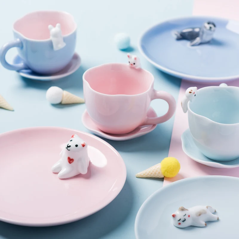 Cute cartoon children ceramic fruit tray Porcelain Coffee cup set Rabbit white Bear|Чашки и соусницы| |