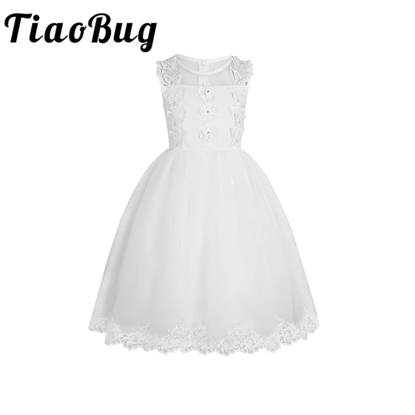 

Tiaobug Embroidered Flower Girls Tulle Dress Mesh Applique Bow Princess First Communion Princess Ball Gowns Mesh Dress
