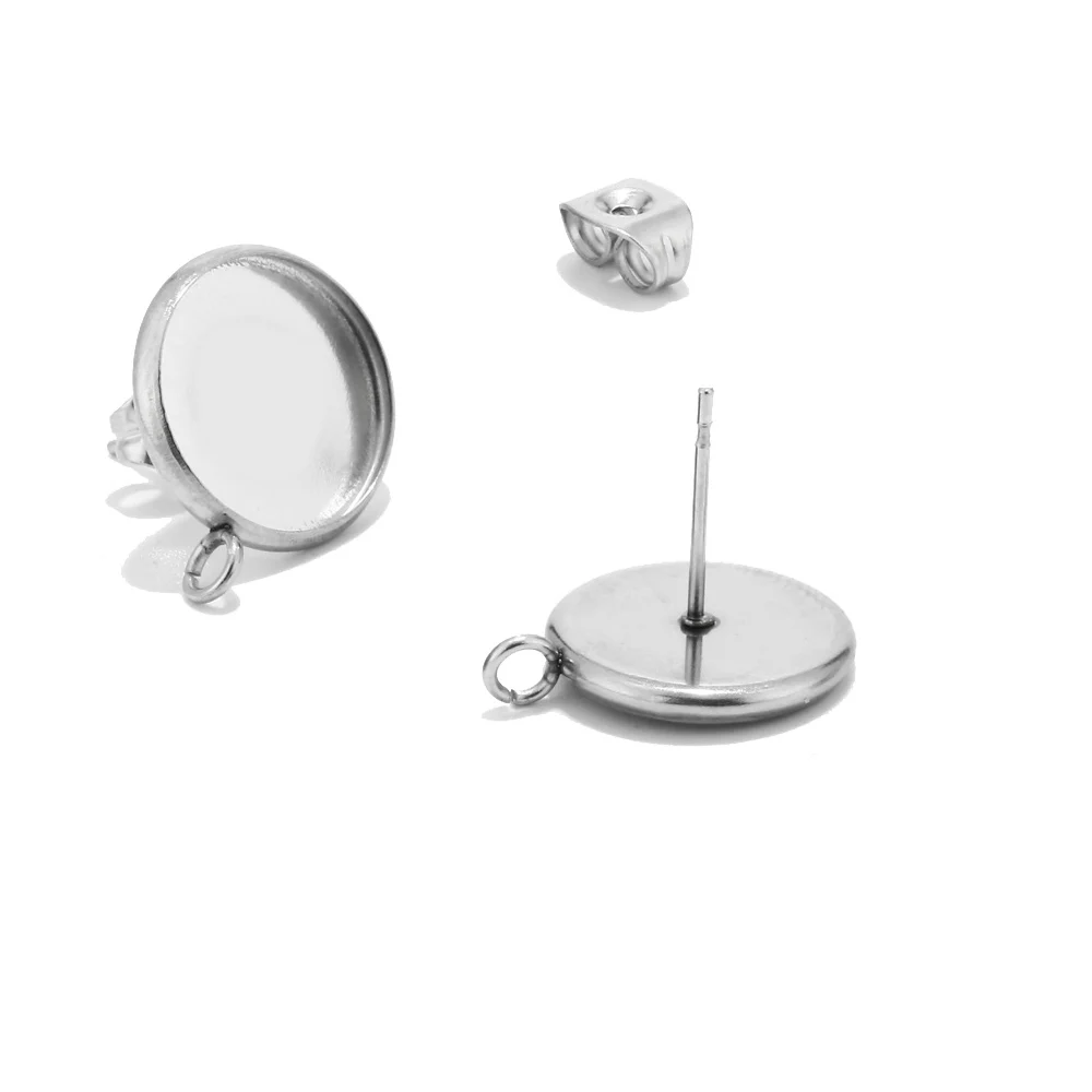 12mm Silver Vertical Нержавеющая сталь 12 мм золотой, серебряный тон серьги-гвоздики пустая основа с петлей для Кабошон Настройки лоток для DIY ювелирных изделий - Цвет: 12mm Silver Vertical