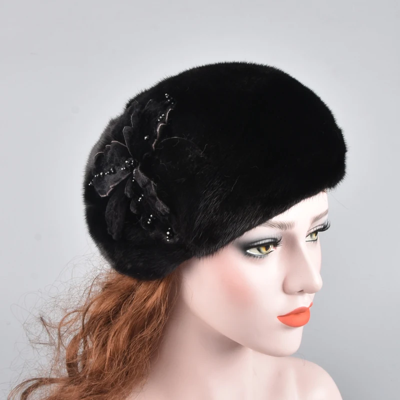 New Style Women Winter Mink Fur hat Real Fur Caps Mink Fur Beret for Russia Female Casual Cap