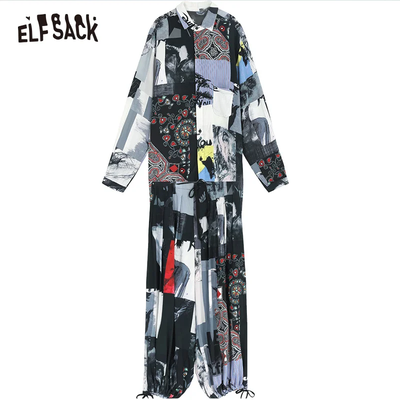 ELFSACK, винтажный принт, повседневный Женский комплект из 2 предметов,, летняя мода, женская шифоновая блузка и средняя талия, женские штаны до щиколотки