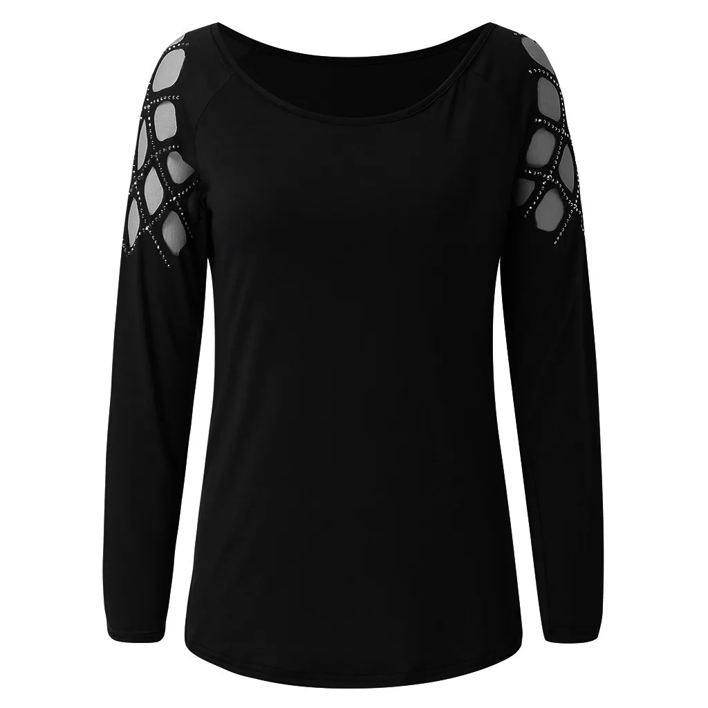 Feitong Blouse Women Blusas Fashion Plus Size Autumn Crew Neck Hollow-Out Studded Long Sleeve Shirts Casual Tops блузка женская