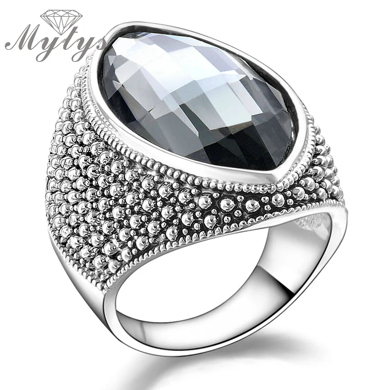Mytys темно серое Кристальное кольцо для женщин модное Трендовое черное Безель
