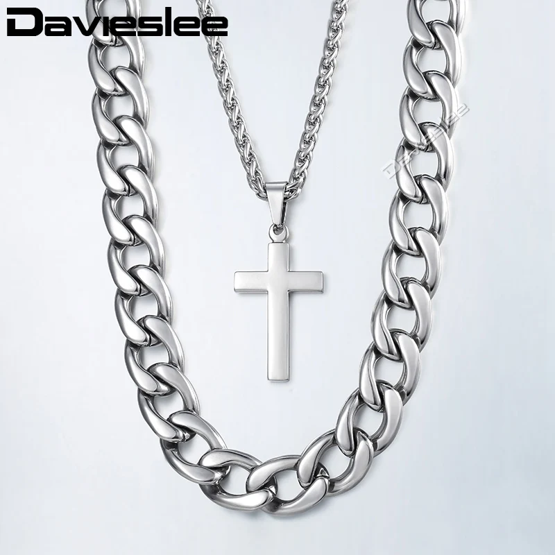 Davieslee Necklace For Men Silver Stainless Steel Cuban Wheat Link Chain Cross Pendant 2018 Jewelry 13mm 24inch LDN01 | Украшения и