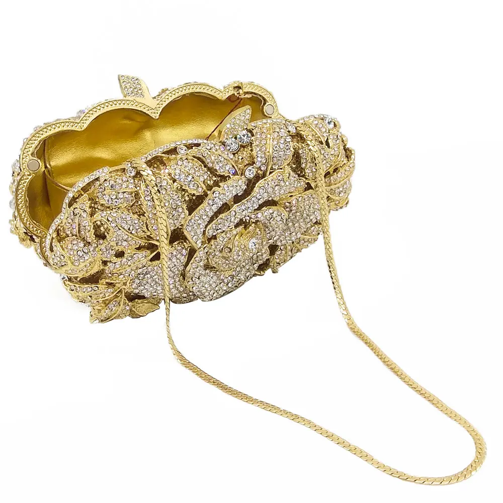 Double Flower Dazzling Women Gold Crystal Clutch Evening Handbags Metal Floral Minaudiere Wedding Party Handbag Bridal Purse |