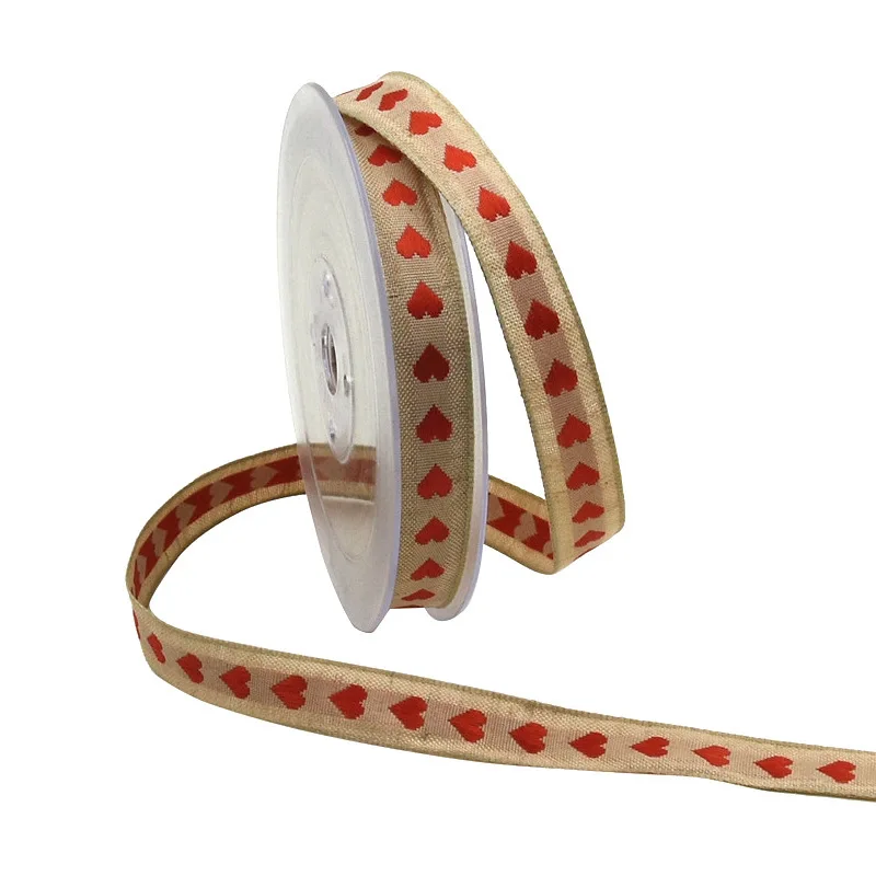 5Yards 15mm Heart Jute cotton Satin Ribbon Tape For Needlework Craft Decarotions Print Ribbons Handcraft DIY Bow