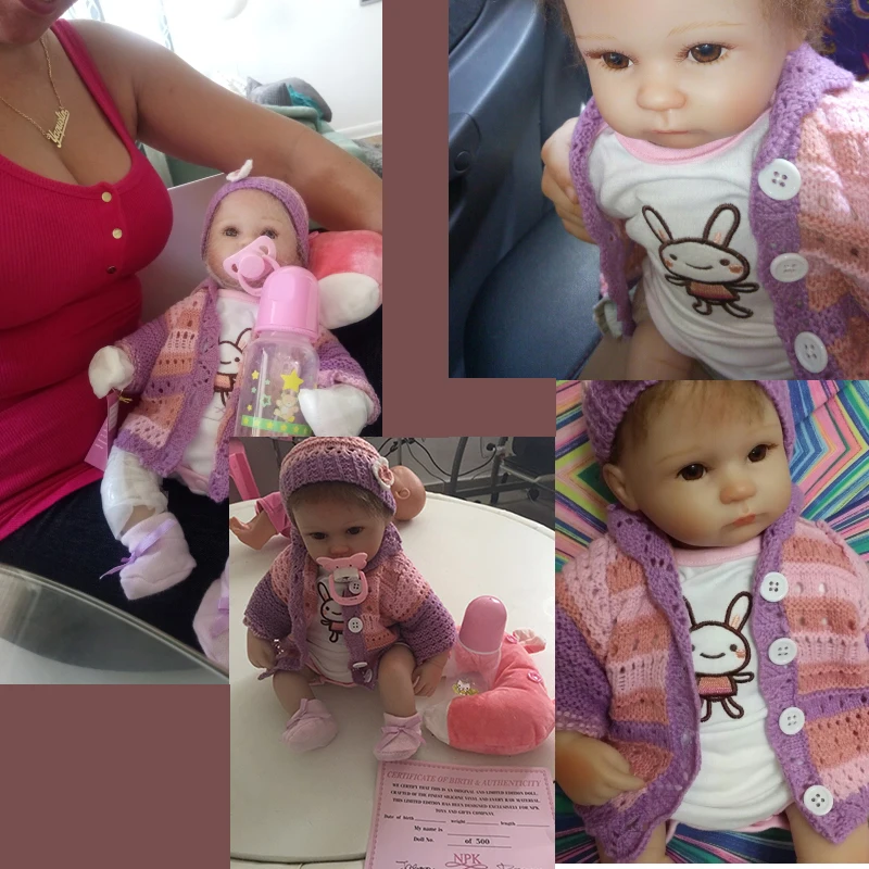 NPK 17 дюймов мягкий силиконовый Полный корпус реалистичные куклы Reborn Baby куклы Настоящее прикосновение Кукла Прекрасный Новорожденный ребенок фиолетовый свитер костюм ребенок Playmate