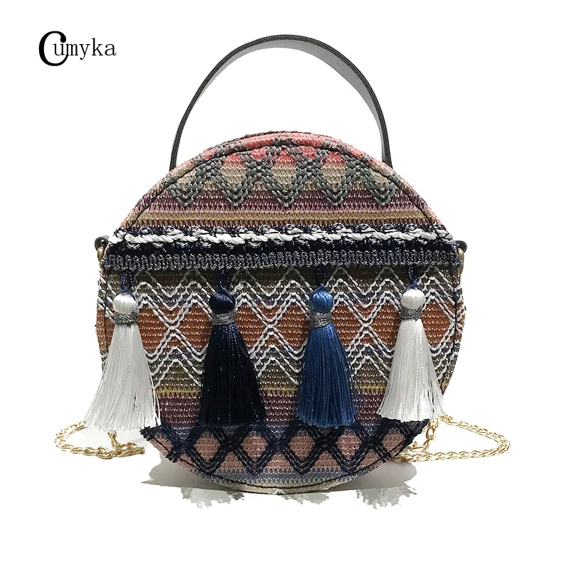 Сумка женская 2019 Новинка через плечо маленький льняной круглый Национальный