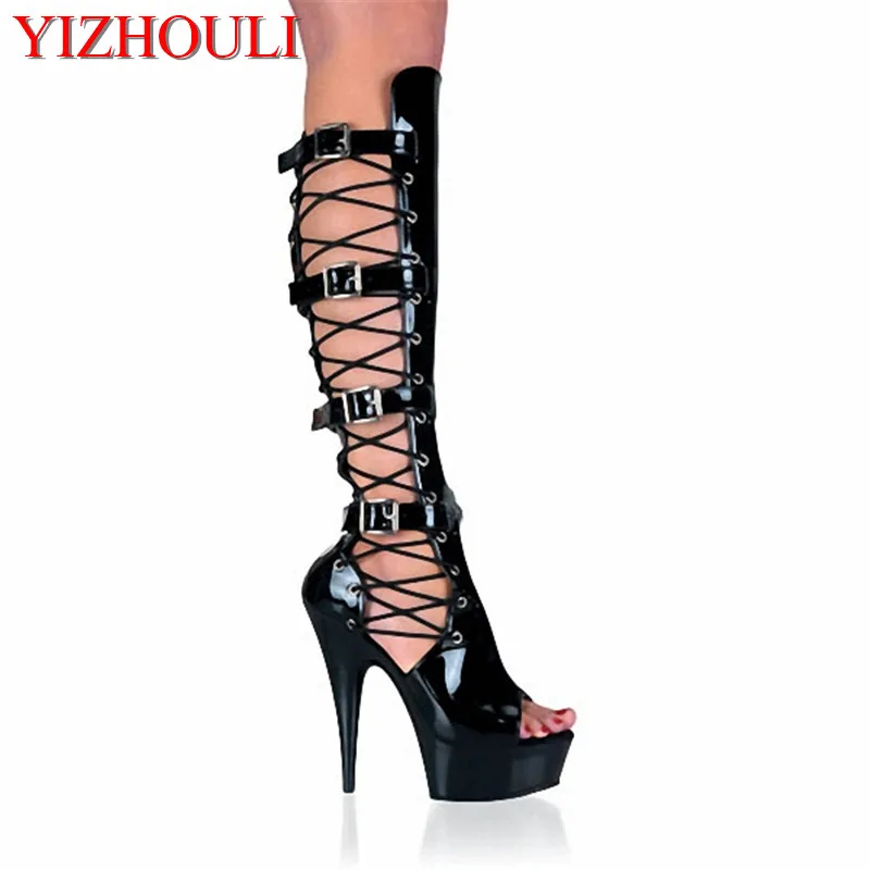 

15cm sexy high-heeled shoes open toe lacing hasp sandals platform boots Open Front Lace Up Shoes with Buckles