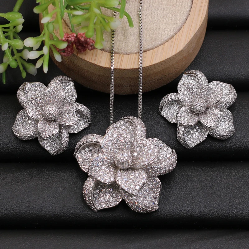 

Lanyika Jewelry Set Classic Blooming Flower Full Zircon Micro Paved Necklace with Earrings for Banquet Wedding Bridal Best Gift