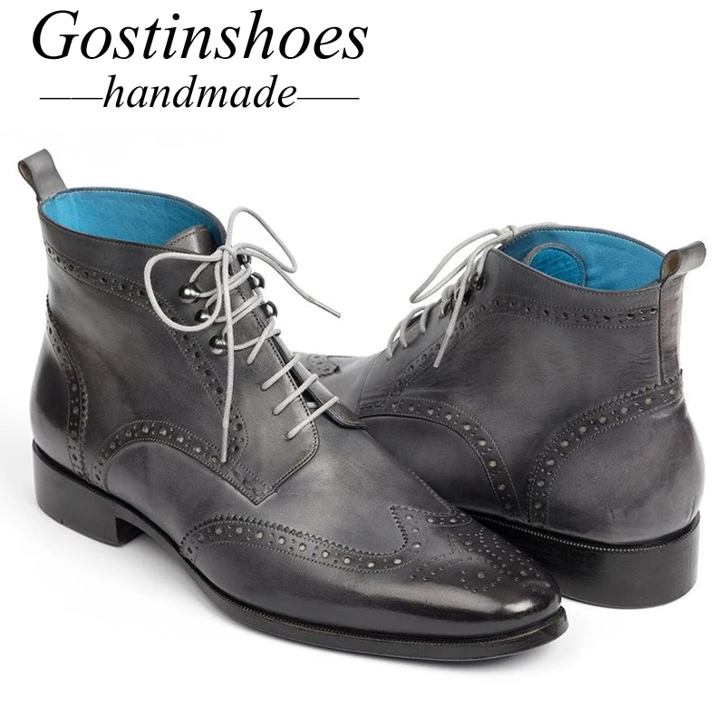 GOSTINSHOES/ботинки с перфорацией типа «броги» ручной работы Goodyear; мужские мотоциклетные ботинки из натуральной кожи; армейские рабочие и защитные ботинки на шнуровке с острым SCT44-47