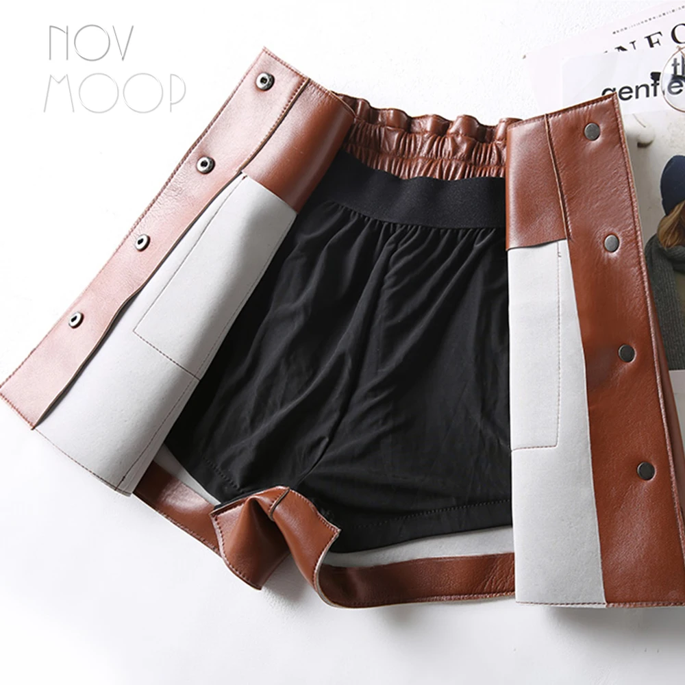 2019 autumn culottes elastic waist genuine leather skirt with button and pocket decor gonna in vera pelle LT2781
