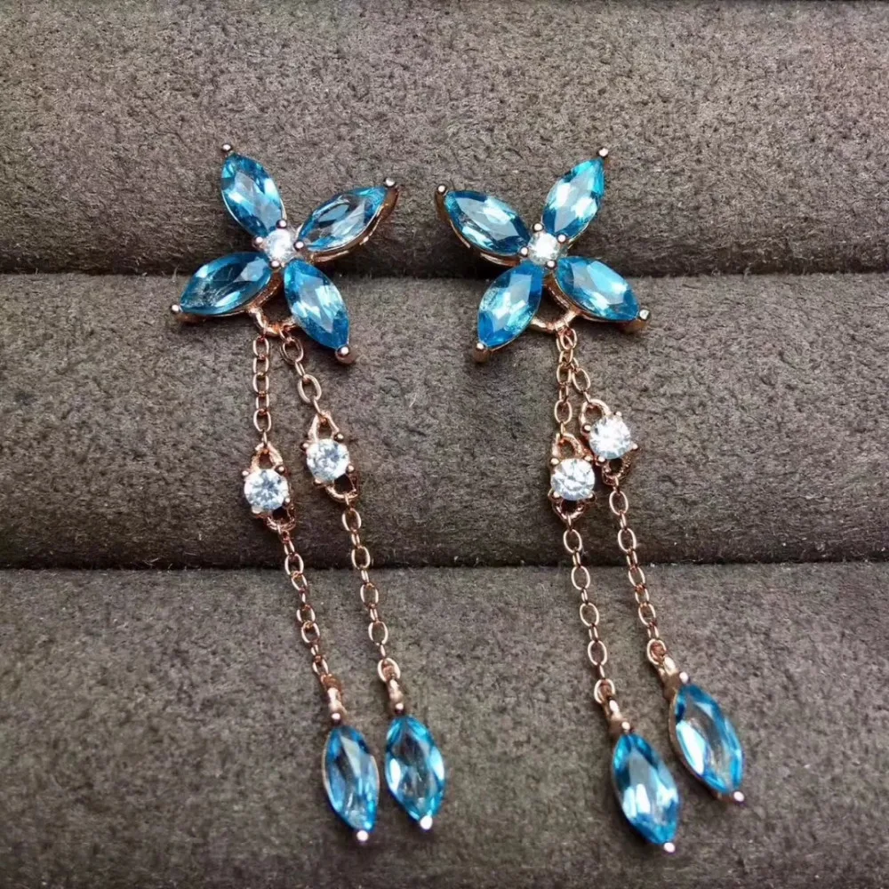 

Fashion natural blue gem topaz drop earrings Natural gemstone earrings Long luxury Lucky Clover 925 silver female party jewelry