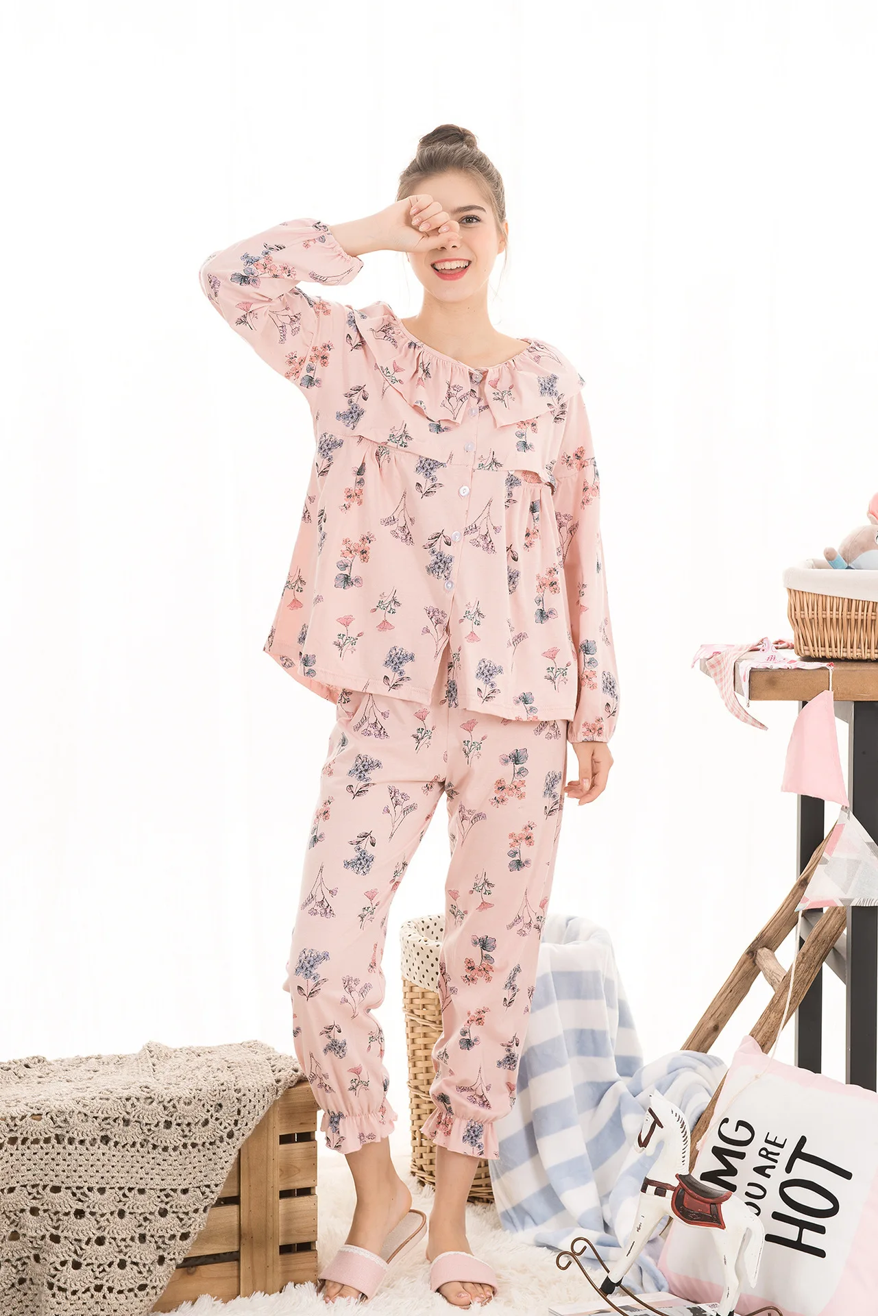 

Spring Nurse Clothes pregnant nightgown maternity pyjamas breast feeding Sleepwear Lactation Clothes Suit maternity clothing