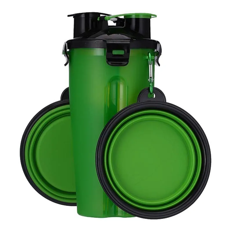 green Дорожная Бутылка Для Кормления Собаки 2 в 1 ABS для воды, еды двойного назначения, складная миска для домашних животных, для кошек, на открытом воздухе, удобная для переноски бутылка для дрессировки собак - Цвет: green