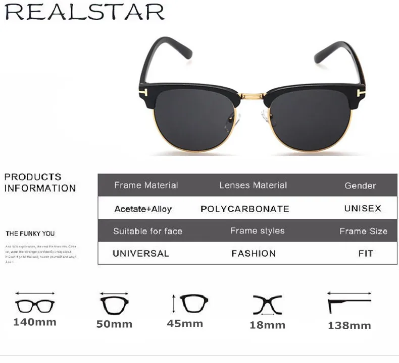 Realstar бренд Стиль Солнцезащитные очки для женщин Для мужчин половина дизайнерский Защита от солнца Очки Рамки Для женщин Мода том очки Óculos Винтаж оттенков S185
